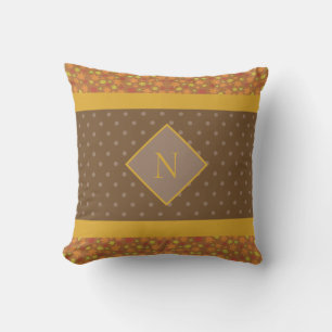 Modern Fall Leaves Monogram Brown Polka Dot Throw Pillow