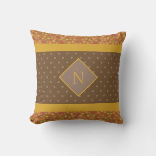Modern Fall Leaves Monogram Brown Polka Dot Throw Pillow