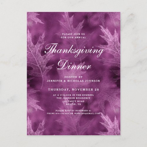 Modern Fall Leaves Thanksgiving Dinner  Invitation Postcard