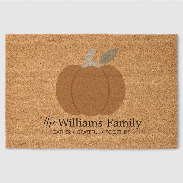 Modern Fall Pumpkin Family Name Thanksgiving Fiber Doormat (Front)