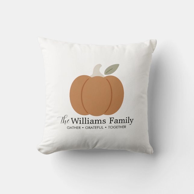 Modern Fall Pumpkin Family Name Thanksgiving Throw Pillow (Front)