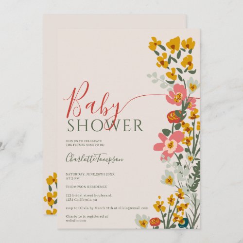 Modern fall retro flowers blush baby shower invitation