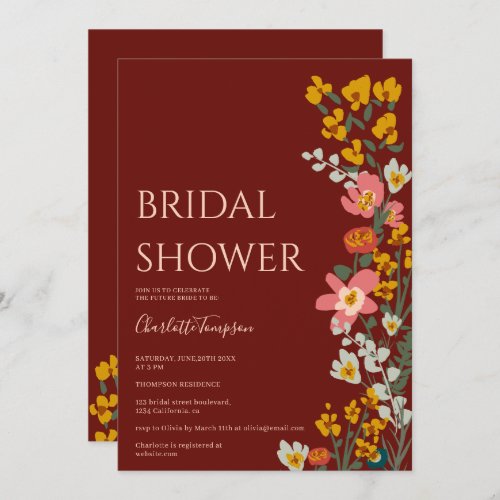 Modern fall retro flowers burgundy bridal shower  invitation