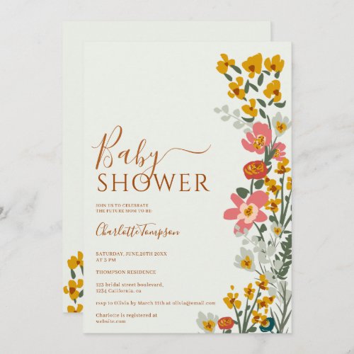 Modern fall retro flowers green baby shower invitation