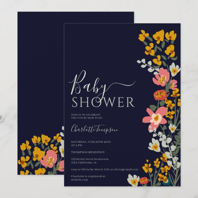 Modern fall retro flowers navy blue baby shower invitation (Front/Back)