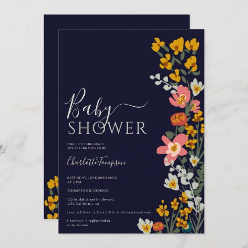 Modern fall retro flowers navy blue baby shower invitation