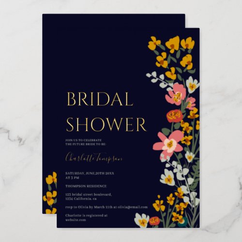 Modern fall retro flowers navy blue bridal shower foil invitation