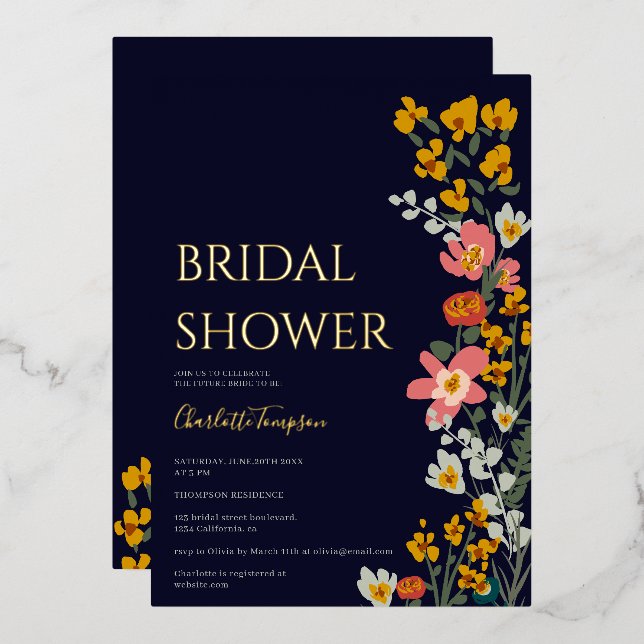 Modern fall retro flowers navy blue bridal shower foil invitation (Front/Back)
