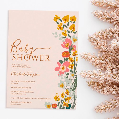 Modern fall retro flowers pink baby shower invitation