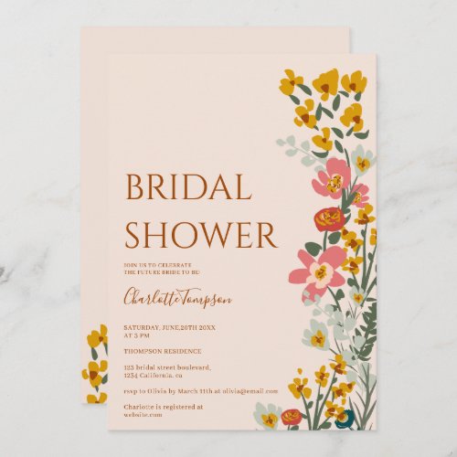 Modern fall retro flowers pink bridal shower invitation