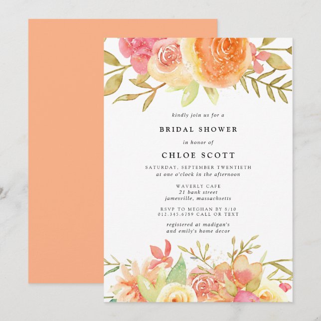 Modern Fall Rose Flowers Bridal Shower Invitation (Front/Back)