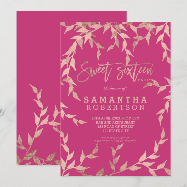 Modern fall rose gold branch magenta pink Sweet 16 Invitation (Front/Back)