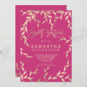 Modern fall rose gold branch magenta pink Sweet 16 Invitation