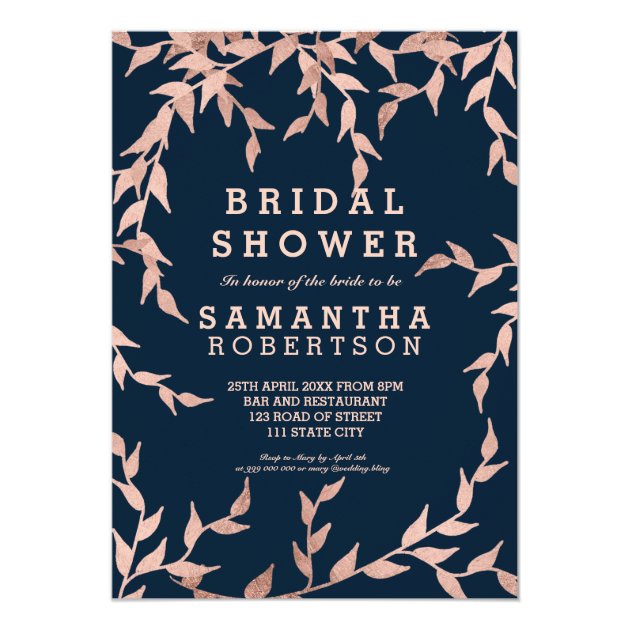 Modern Fall Rose Gold Branch Navy Bridal Shower Invitation