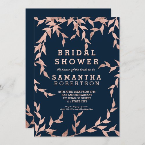 Modern fall rose gold branch navy bridal shower invitation