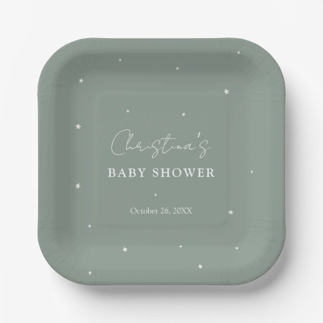 Modern Fall Sage Green Gender Neutral Baby Shower Paper Plates (Front)