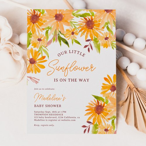 Modern fall sunflower script baby shower invitation