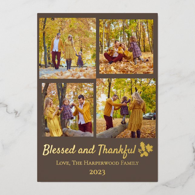 Modern Fall Thanksgiving Family photo Collage Foil Holiday Card (Front)