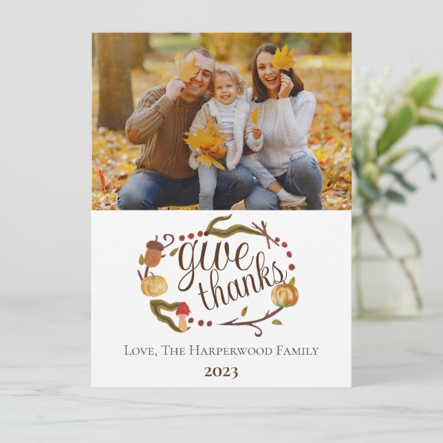 Modern Fall Watercolor Thanksgiving Family photo Holiday Card (Standing Front)