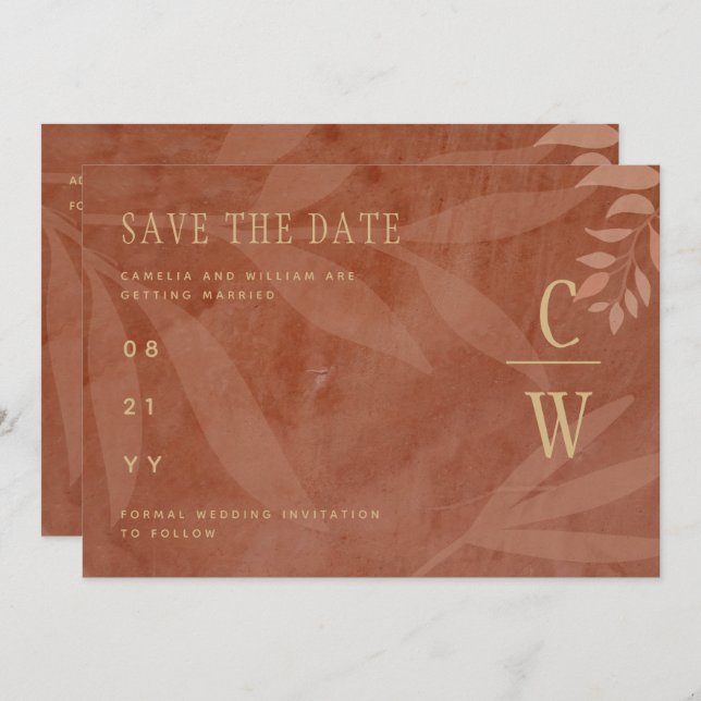 Modern FALL Wedding Terracotta Gold Leaves Save The Date (Front/Back)