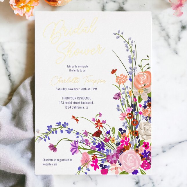 Modern fall wild flowers script bridal shower  foil invitation (Modern fall wild flowers script bridal shower foil invitation)
