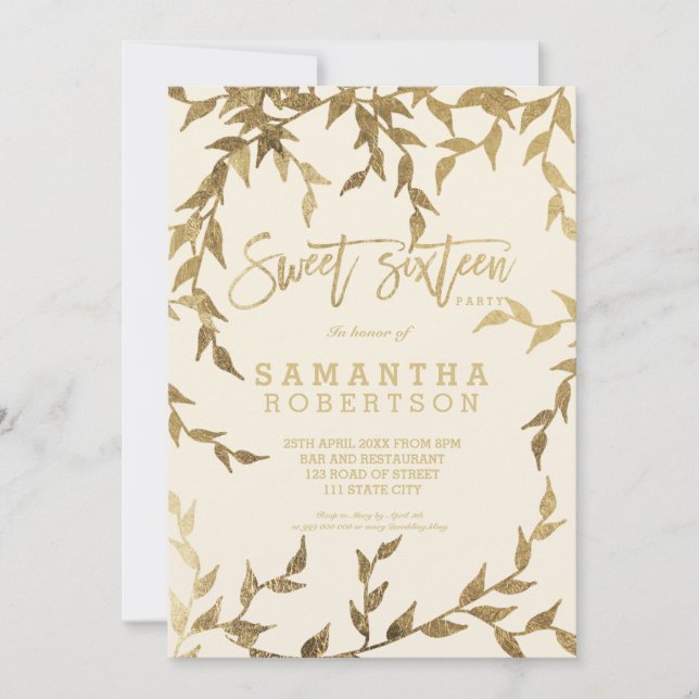 Modern fall yellow gold branch ivory Sweet 16 Invitation (Front)