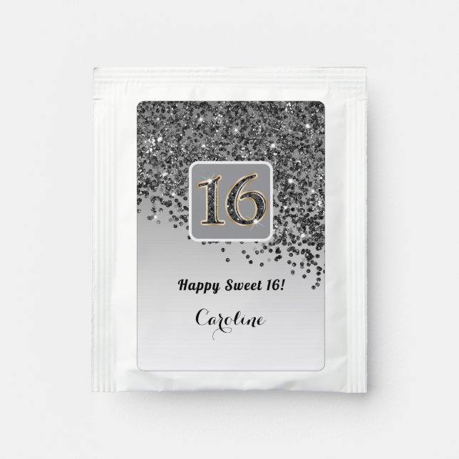 Modern Falling Black Glitter Sweet 16 Tea Bag Drink Mix (Front)