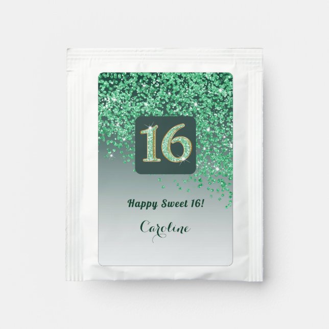 Modern Falling Green Glitter Sweet 16 Tea Bag Drink Mix (Front)