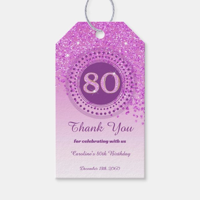 Modern Falling Pink Glitter 80th Birthday Gift Tags (Front)