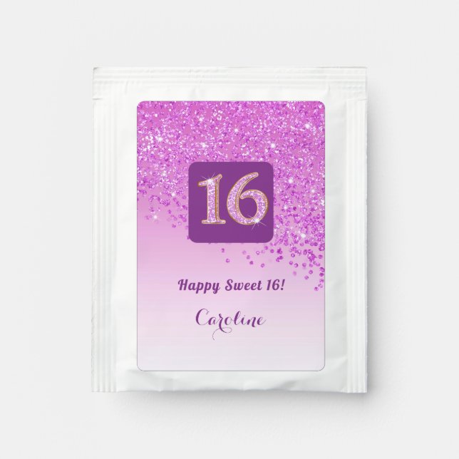 Modern Falling Pink Glitter Sweet 16 Tea Bag Drink Mix (Front)