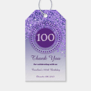Modern Falling Purple Glitter 100th Birthday Gift Tags