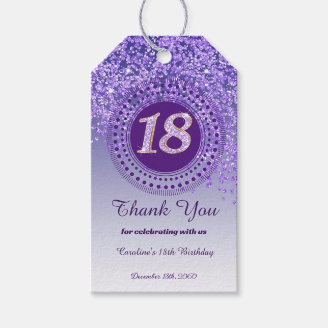 Modern Falling Purple Glitter 18th Birthday Gift Tags (Front)