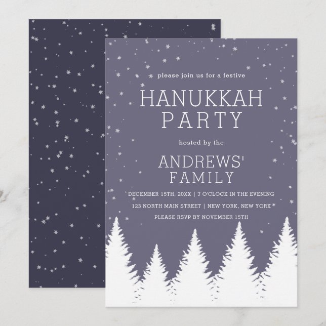 Modern Falling Snow Winter Trees Hanukkah Party Invitation (Front/Back)