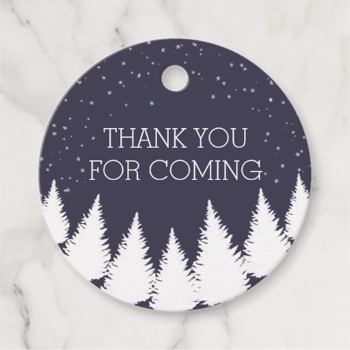 Modern Falling Snow Winter Trees Holiday Party Favor Tags