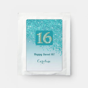 Modern Falling Teal Blue Glitter Sweet 16 Tea Bag Drink Mix