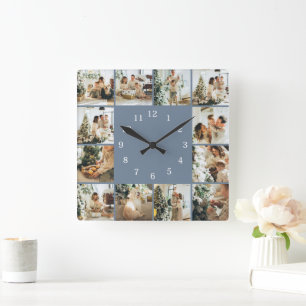 Modern Family 12 Photo Collage Dusty Blue Keepsake Square Wall Clock