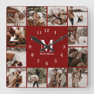 Modern Family 12 Photo Collage   Monogram Keepsake Square Wall Clock