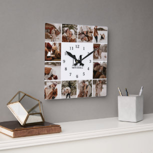 Modern Family 12 Photo Collage Monogram Keepsake Square Wall Clock
