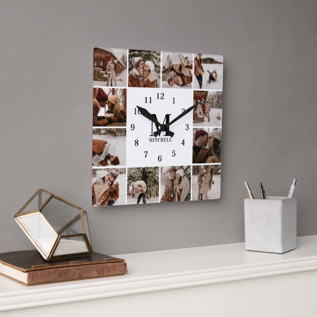 Modern Family 12 Photo Collage | Monogram Keepsake Square Wall Clock (Office)