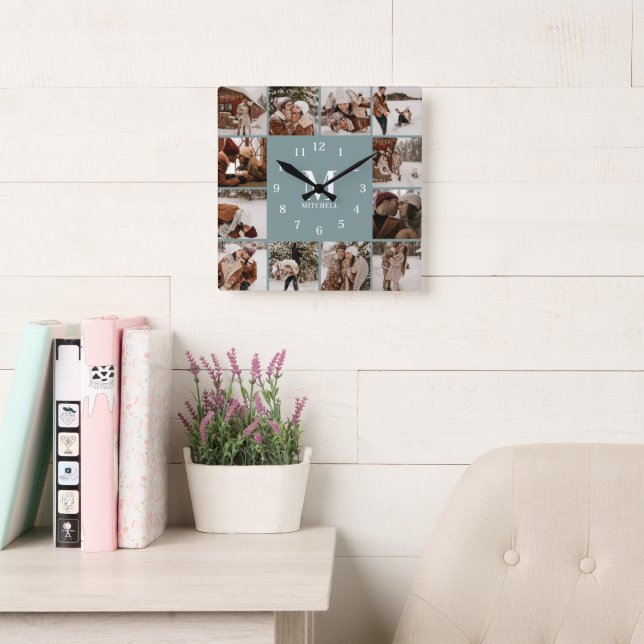 Modern Family 12 Photo Collage Monogram Sage Green Square Wall Clock (Reading Room)