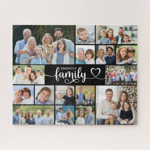 Modern FAMILY 16 Photo Collage Script Heart Jigsaw Puzzle