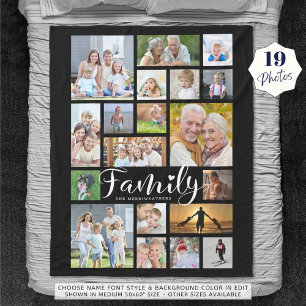 Modern FAMILY 19 Photo Collage Script Heart Black Fleece Blanket