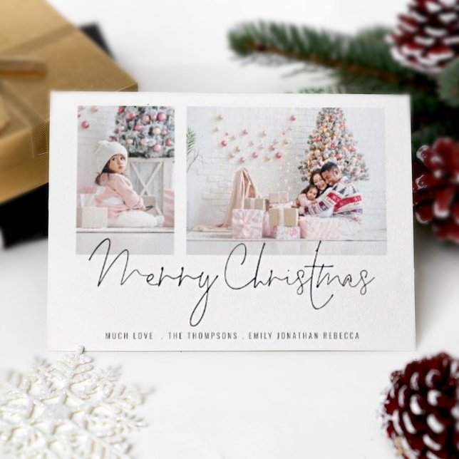 Modern Family 2 Photos Script Merry Christmas Card (Modern and stylish. Part of a collection of matching festive  items.)