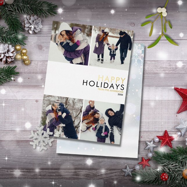 Modern Family 4 Photo Collage Chic Christmas Gold Foil Holiday Card (Creator Uploaded)