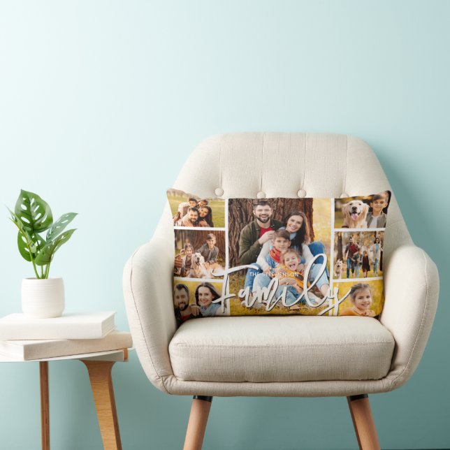 Modern Family 7 Photo Collage Script Lumbar Pillow (Chair)