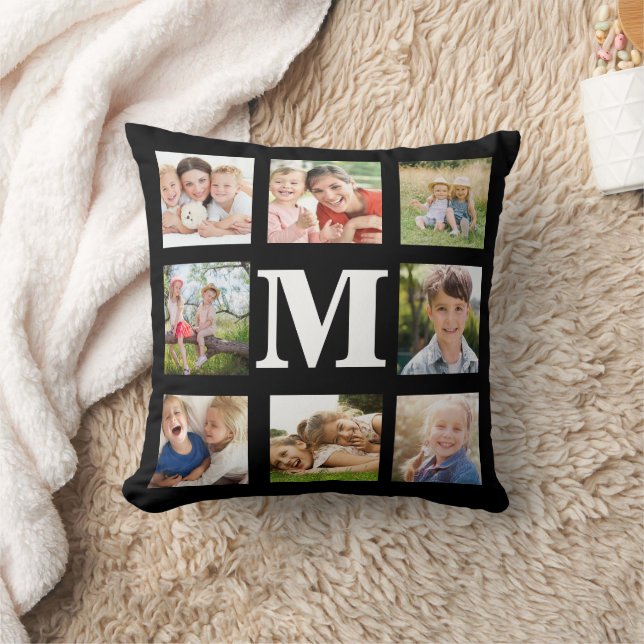 Modern Family 8 Photo Collage Keepsake Black White Throw Pillow (Blanket)