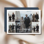 Modern Family Blue Nautical Christmas Beach Photo  Holiday Card<br><div class="desc">This holiday card features a fresh blue and white design, perfect for families who love the beach! With five photo spots, you can show off your favorite family moments. The card has a stylish script and a nautical theme with sailboats, making it look fun and special. It’s a great way...</div>
