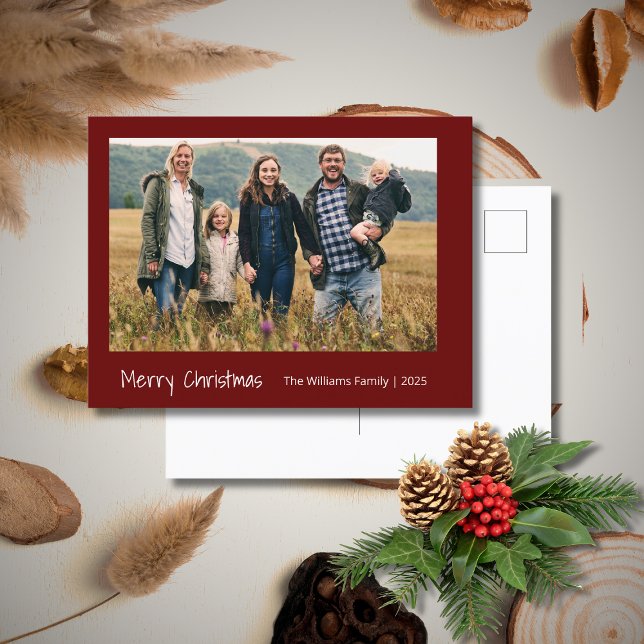 Modern Family Christmas Photo Festive Red  Holiday Postcard (Creator Uploaded)