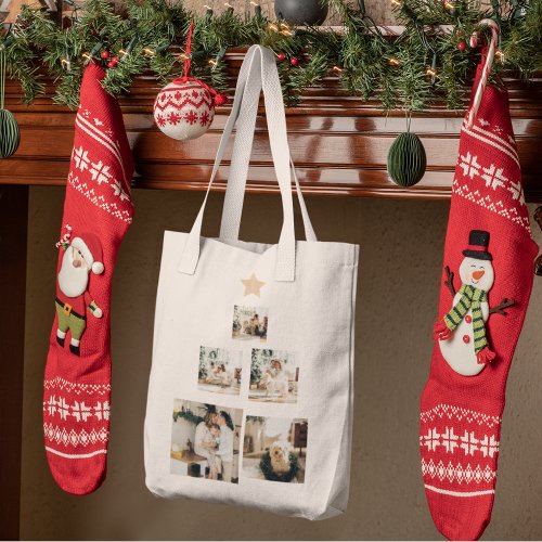 Modern Family Christmas Tree Photo With Star Tote Bag