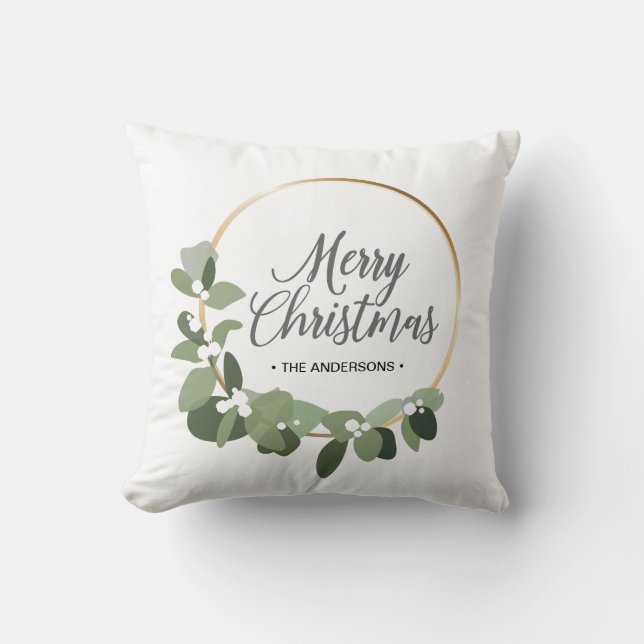 Modern Family Christmas Wreath Merry Christmas Throw Pillow (Front)